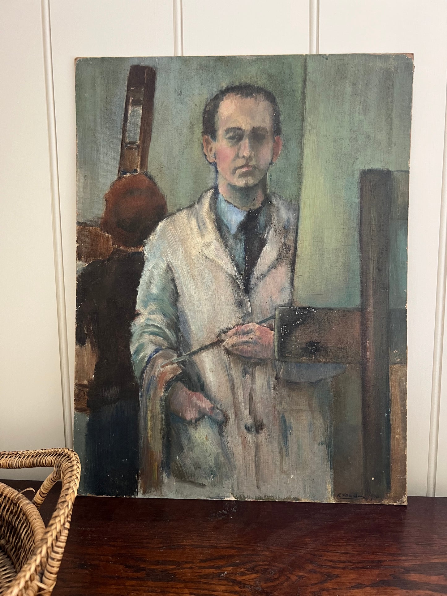 Vintage Mid Century Portrait Of Artist On Board Signed R Wakelin 1970