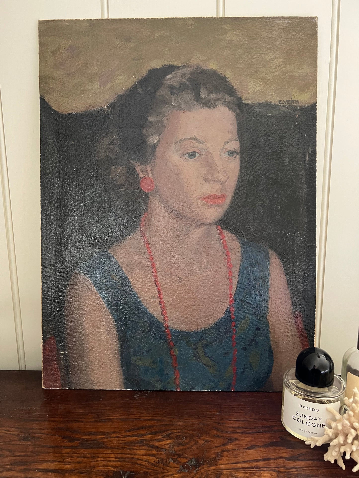 Vintage Mid Century Portrait On Board Signed