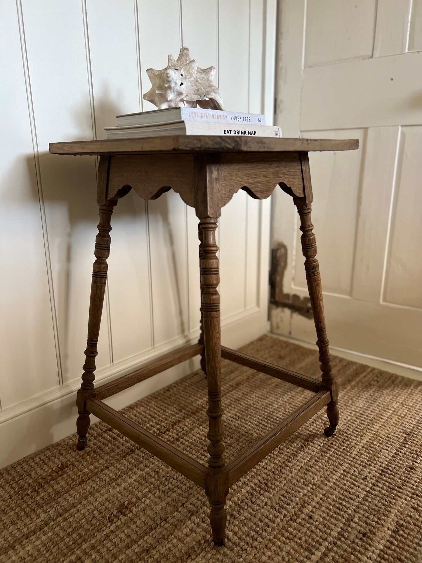 Elegant Vintage Oak Side Table On Castors