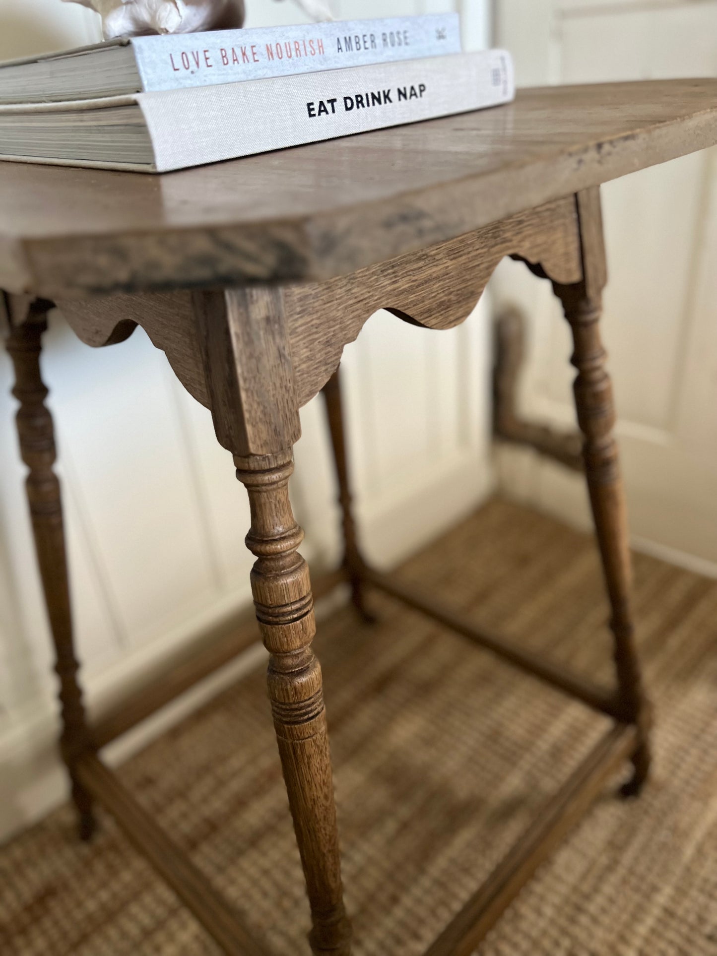 Elegant Vintage Oak Side Table On Castors