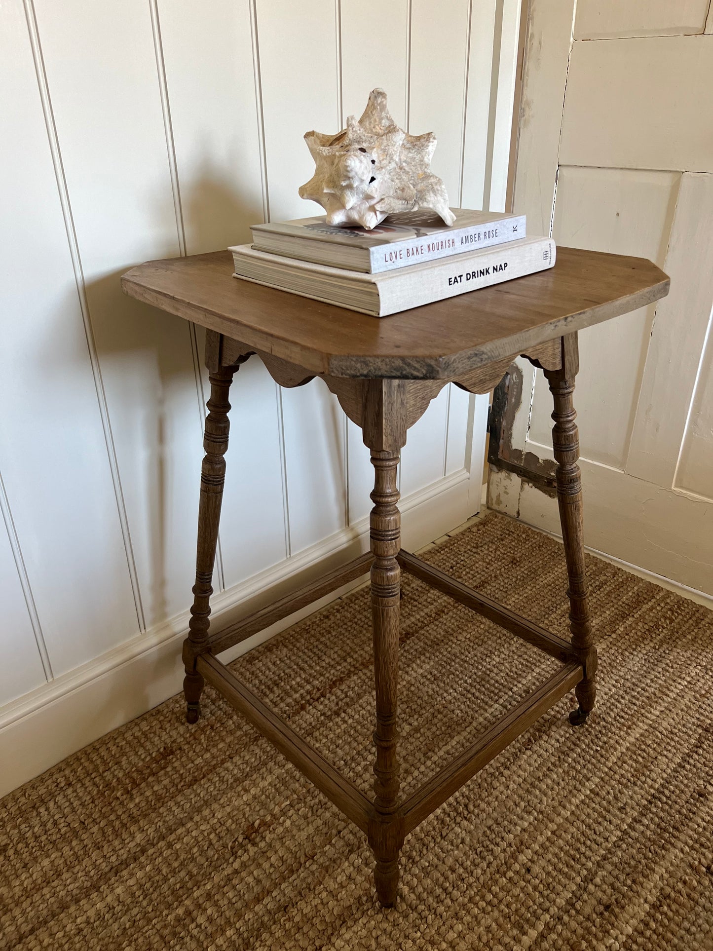 Elegant Vintage Oak Side Table On Castors