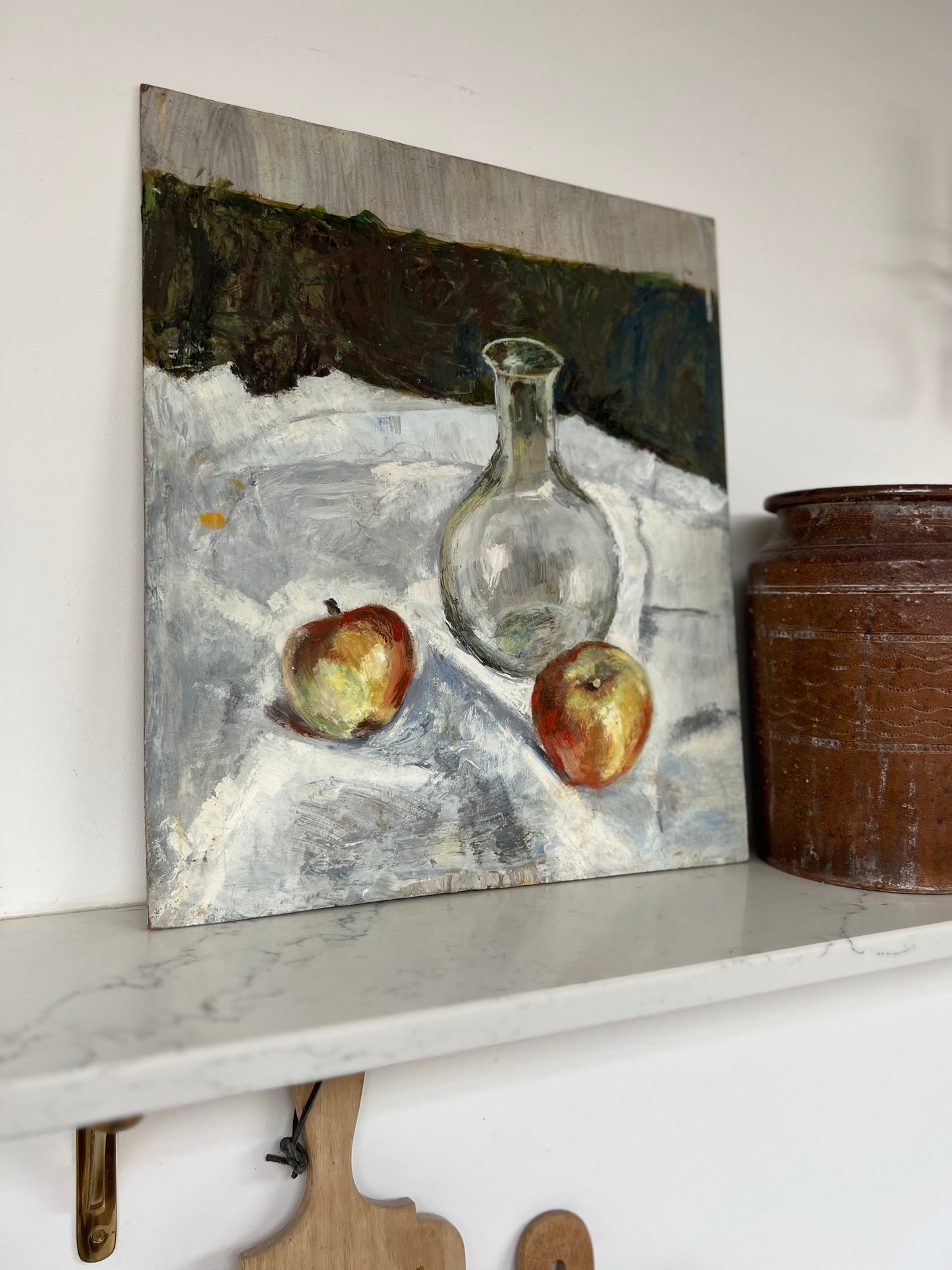 Vintage Mid Century Still Life Bootle & Apples On Board