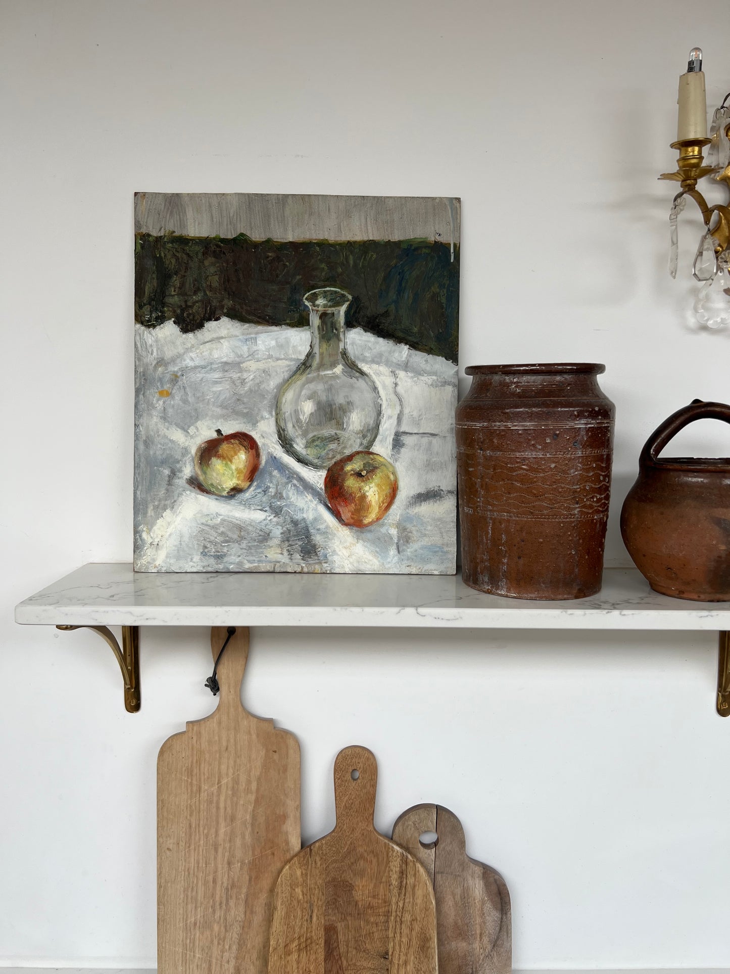 Vintage Mid Century Still Life Bootle & Apples On Board