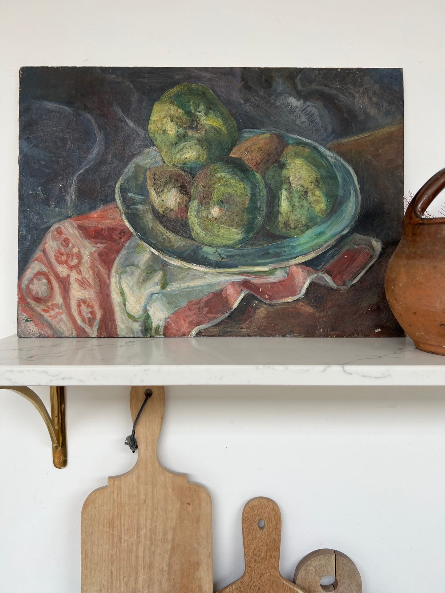 Vintage Mid Century Oil On Wooden Board Apples Still Life