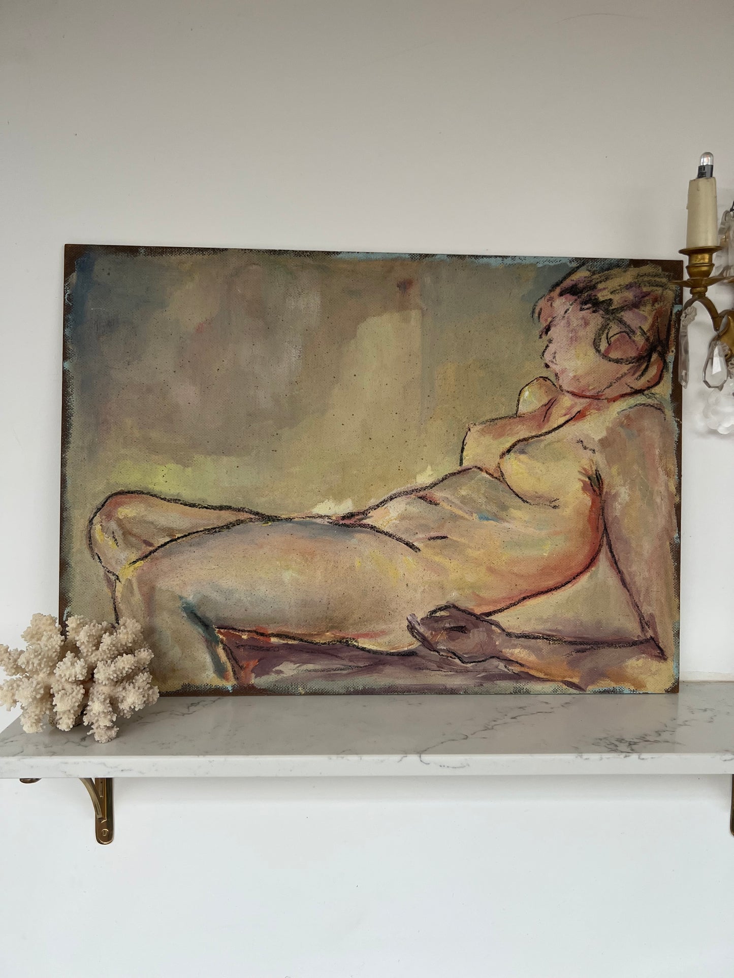 Large Mid Century Mixed Media On Board Reclining Nude Still Life Study