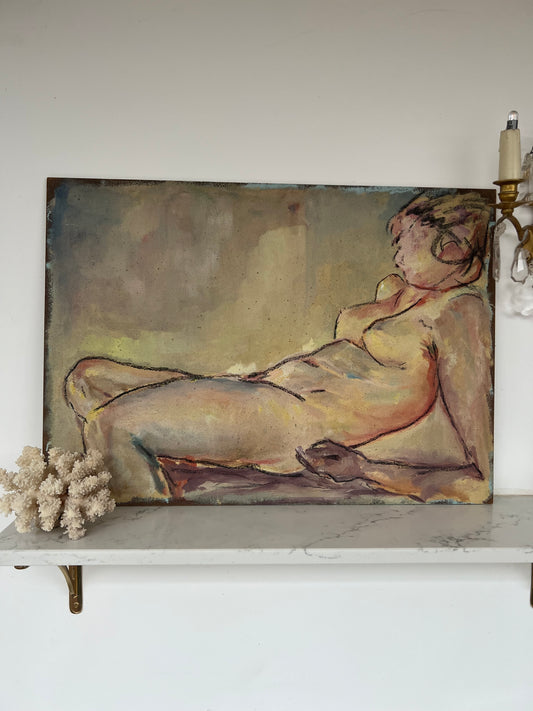 Large Mid Century Mixed Media On Board Reclining Nude Still Life Study