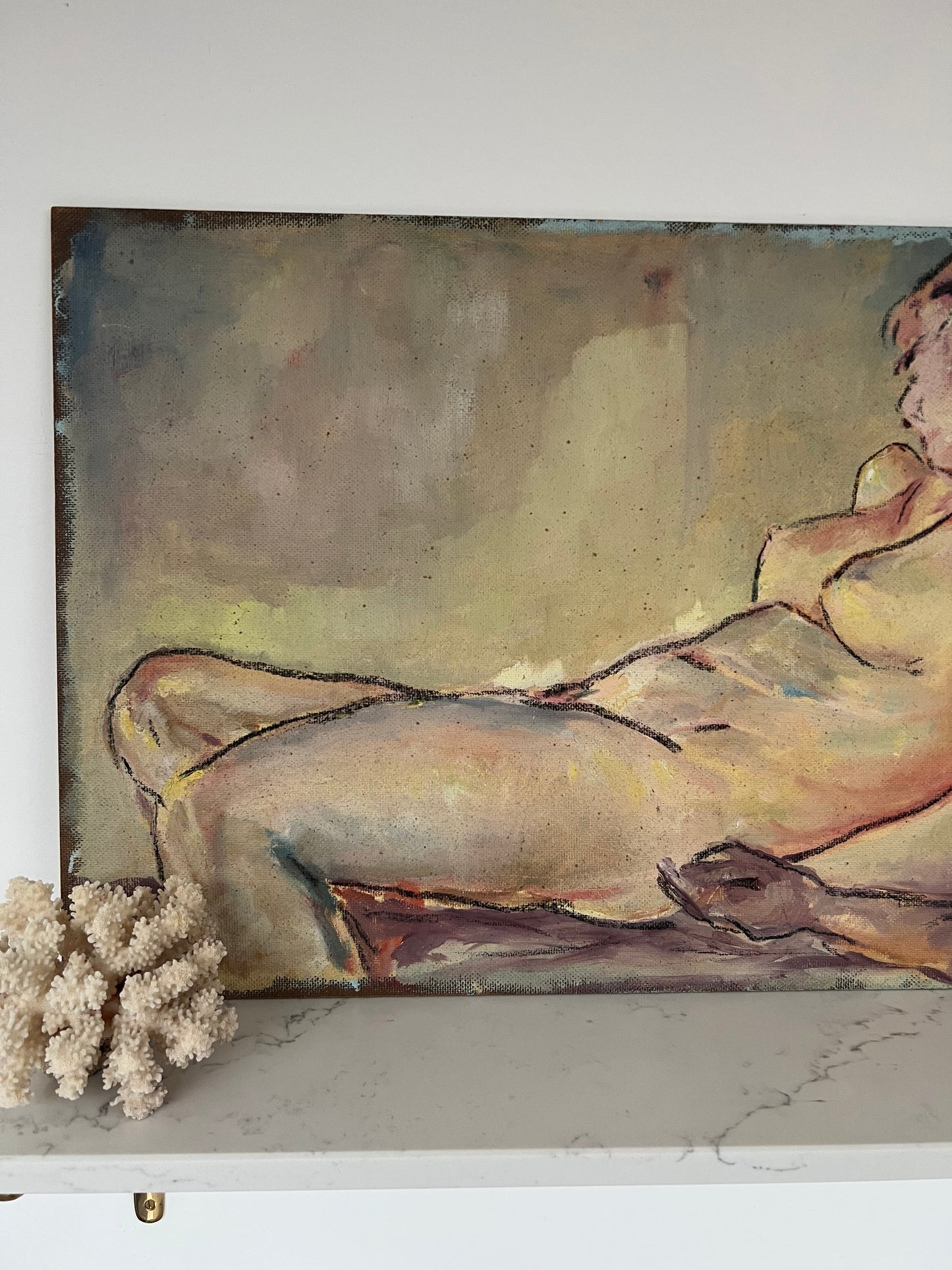 Large Mid Century Mixed Media On Board Reclining Nude Still Life Study