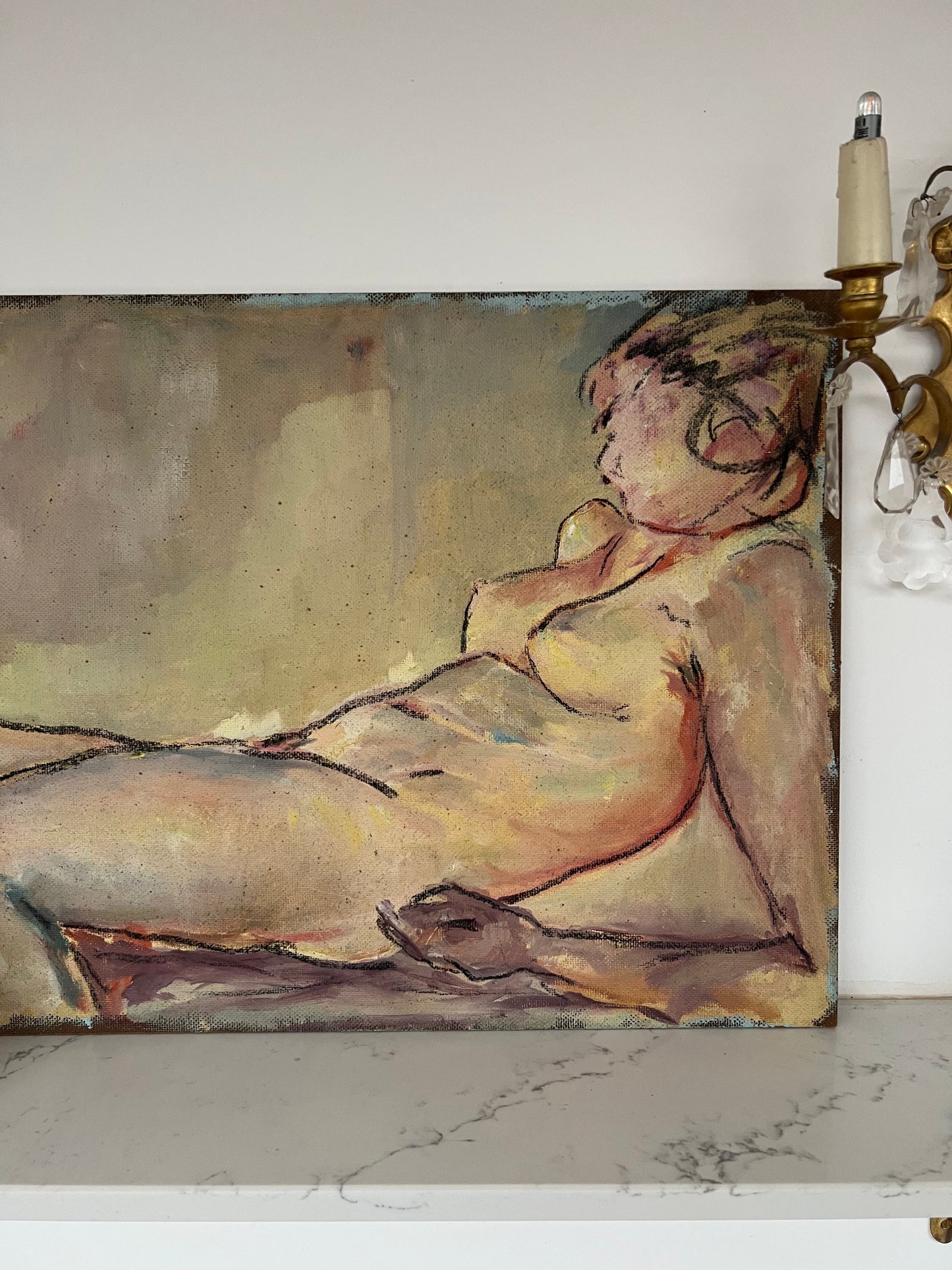 Large Mid Century Mixed Media On Board Reclining Nude Still Life Study