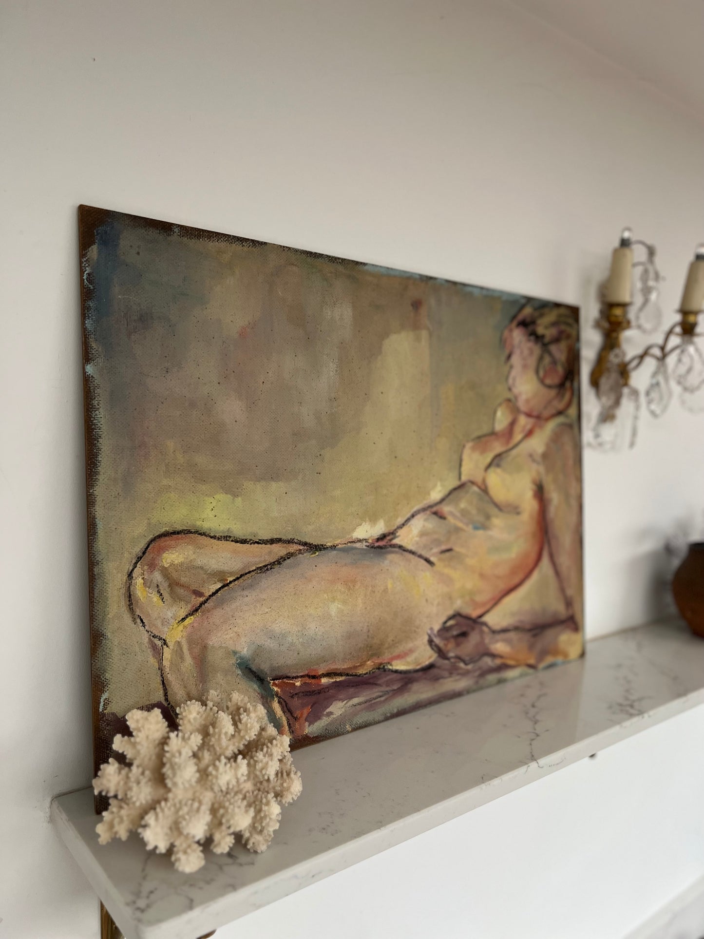 Large Mid Century Mixed Media On Board Reclining Nude Still Life Study