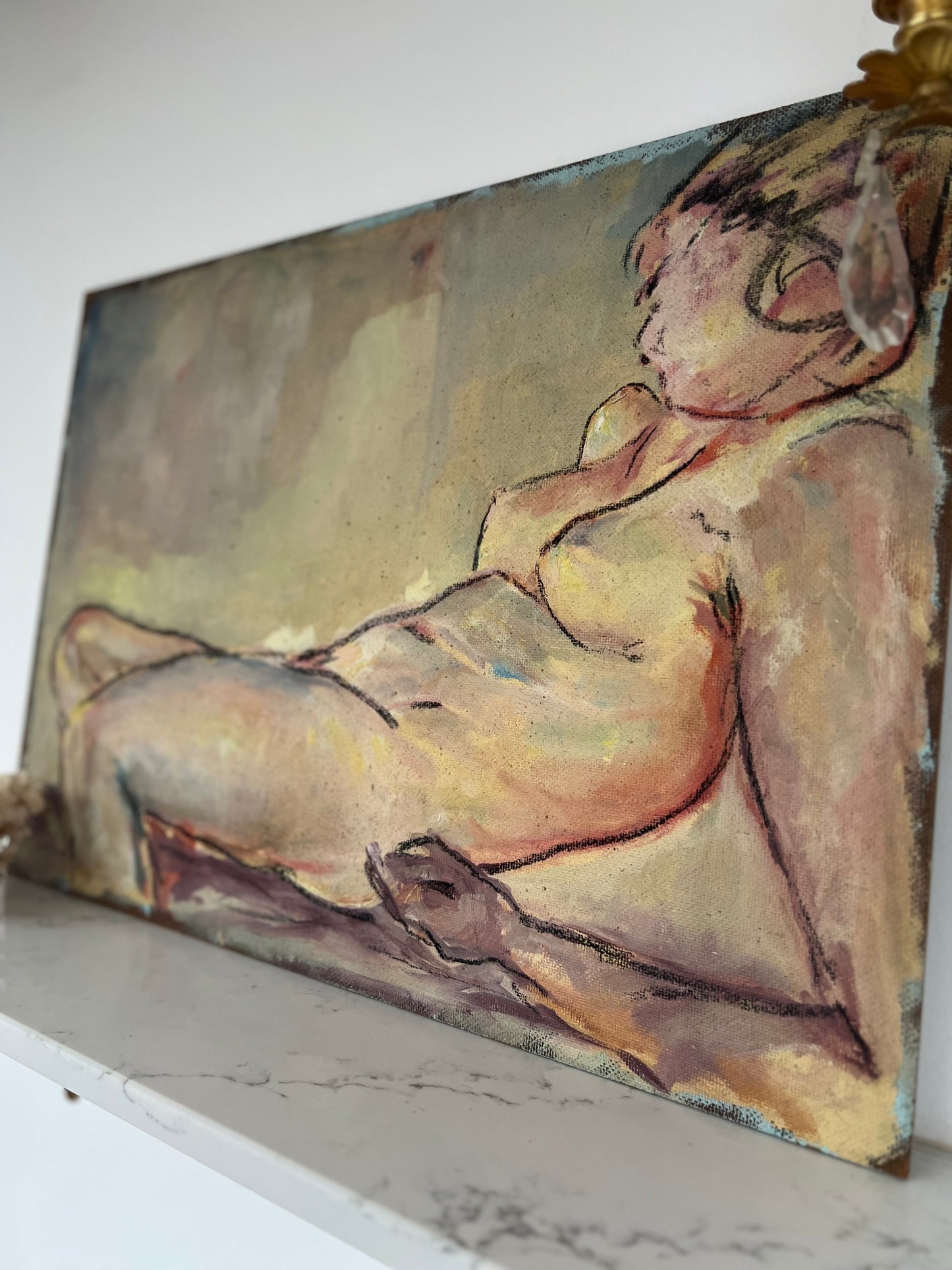 Large Mid Century Mixed Media On Board Reclining Nude Still Life Study