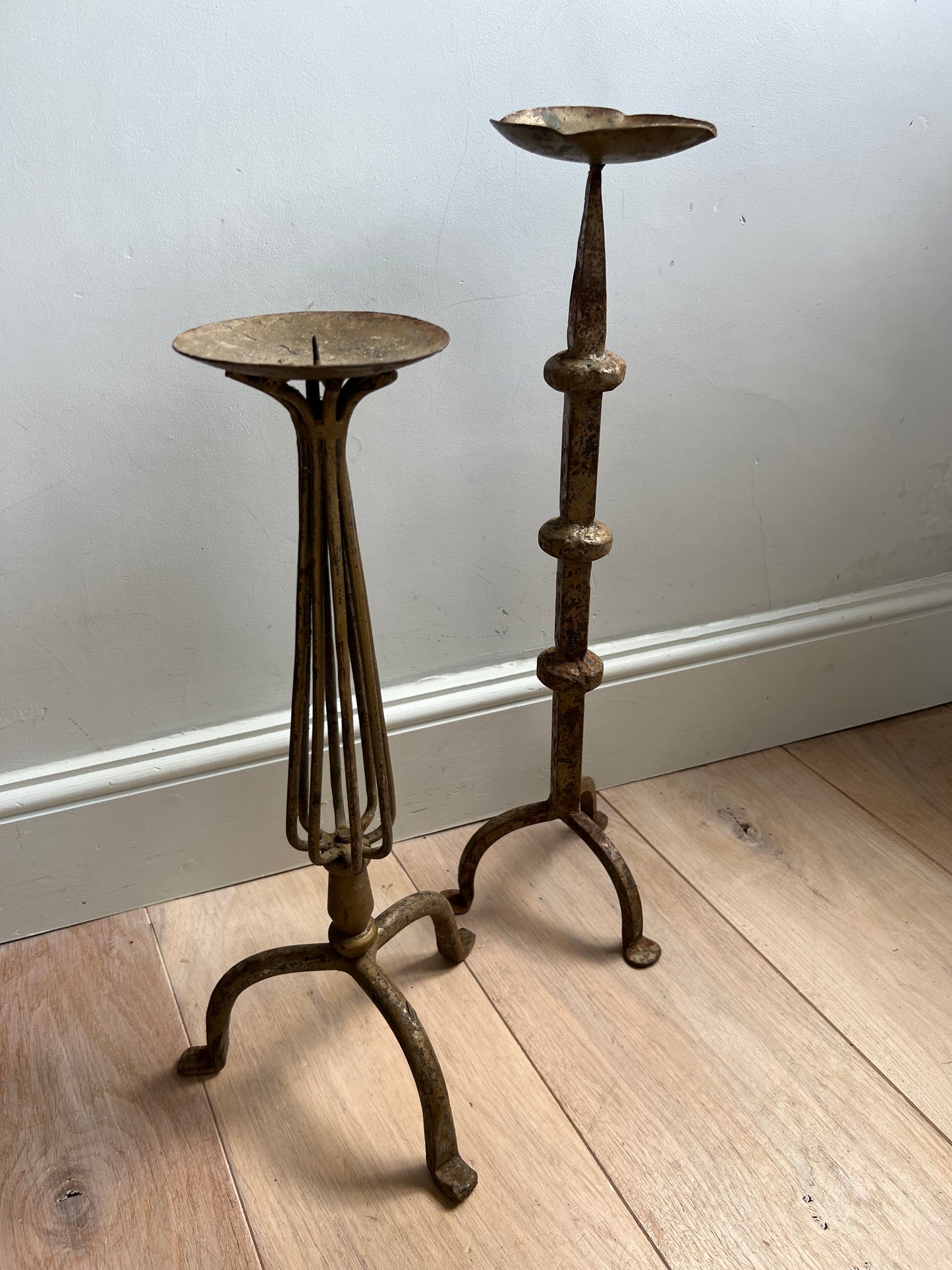 Pair Mid Century Hand Made Wrought Iron Candle Sticks