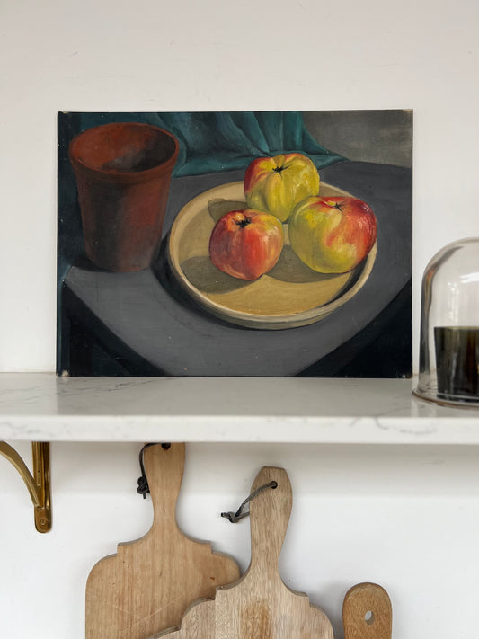 Vintage Mid Century Still Life Apples On Plate & Terracotta Acrylic On Canvas