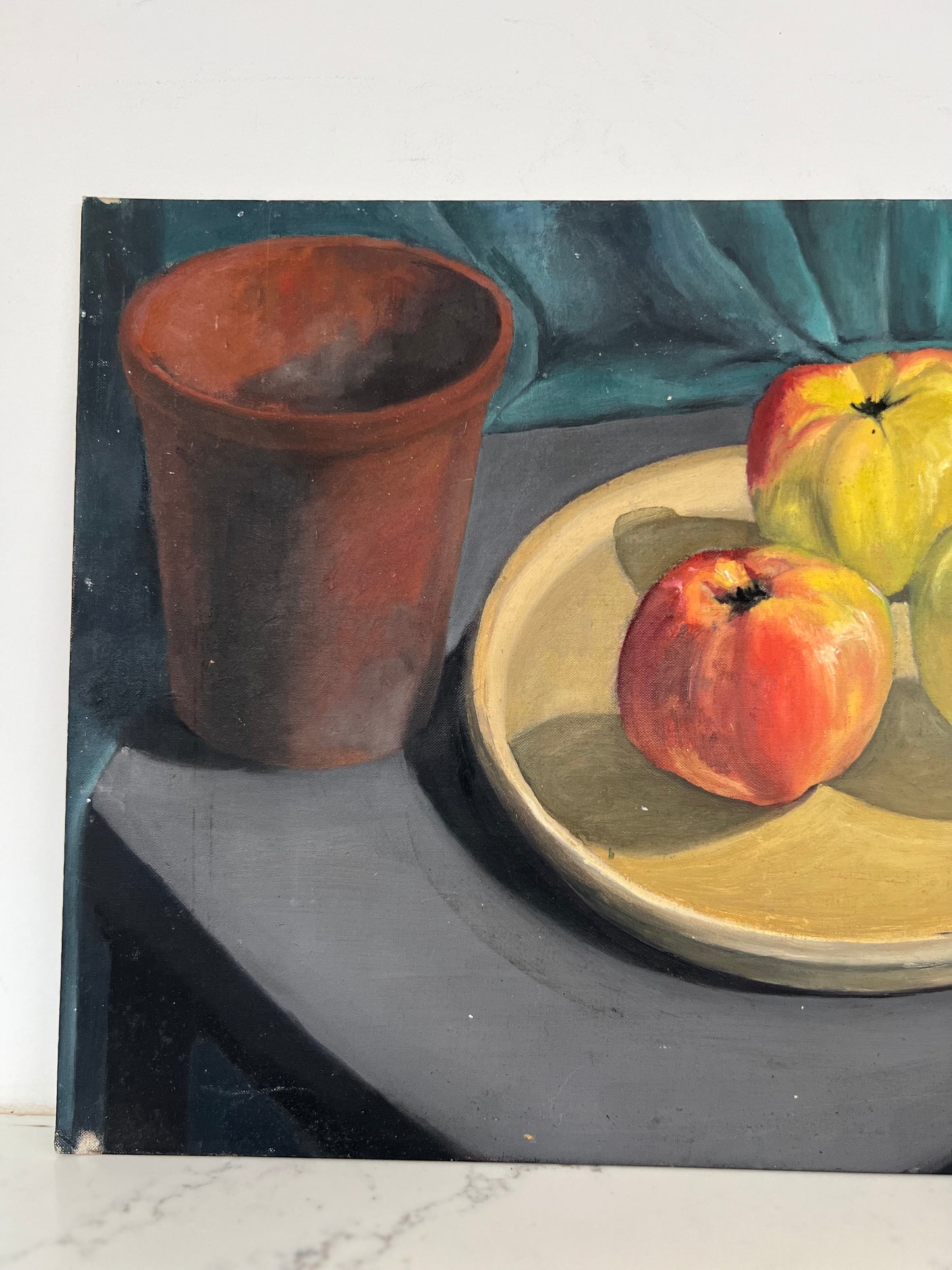 Vintage Mid Century Still Life Apples On Plate & Terracotta Acrylic On Canvas