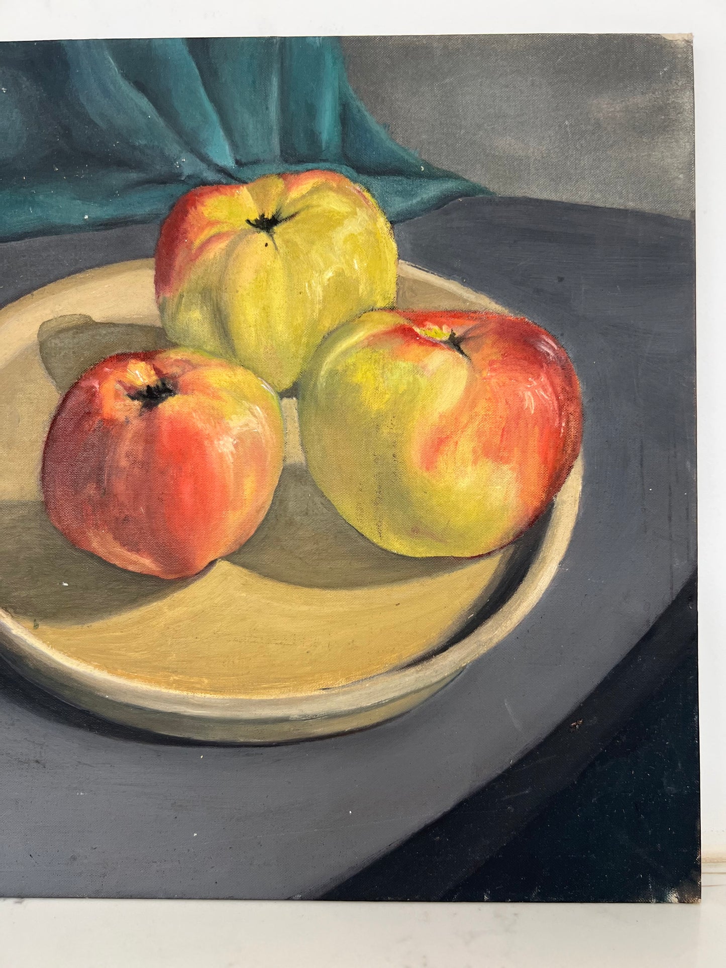 Vintage Mid Century Still Life Apples On Plate & Terracotta Acrylic On Canvas