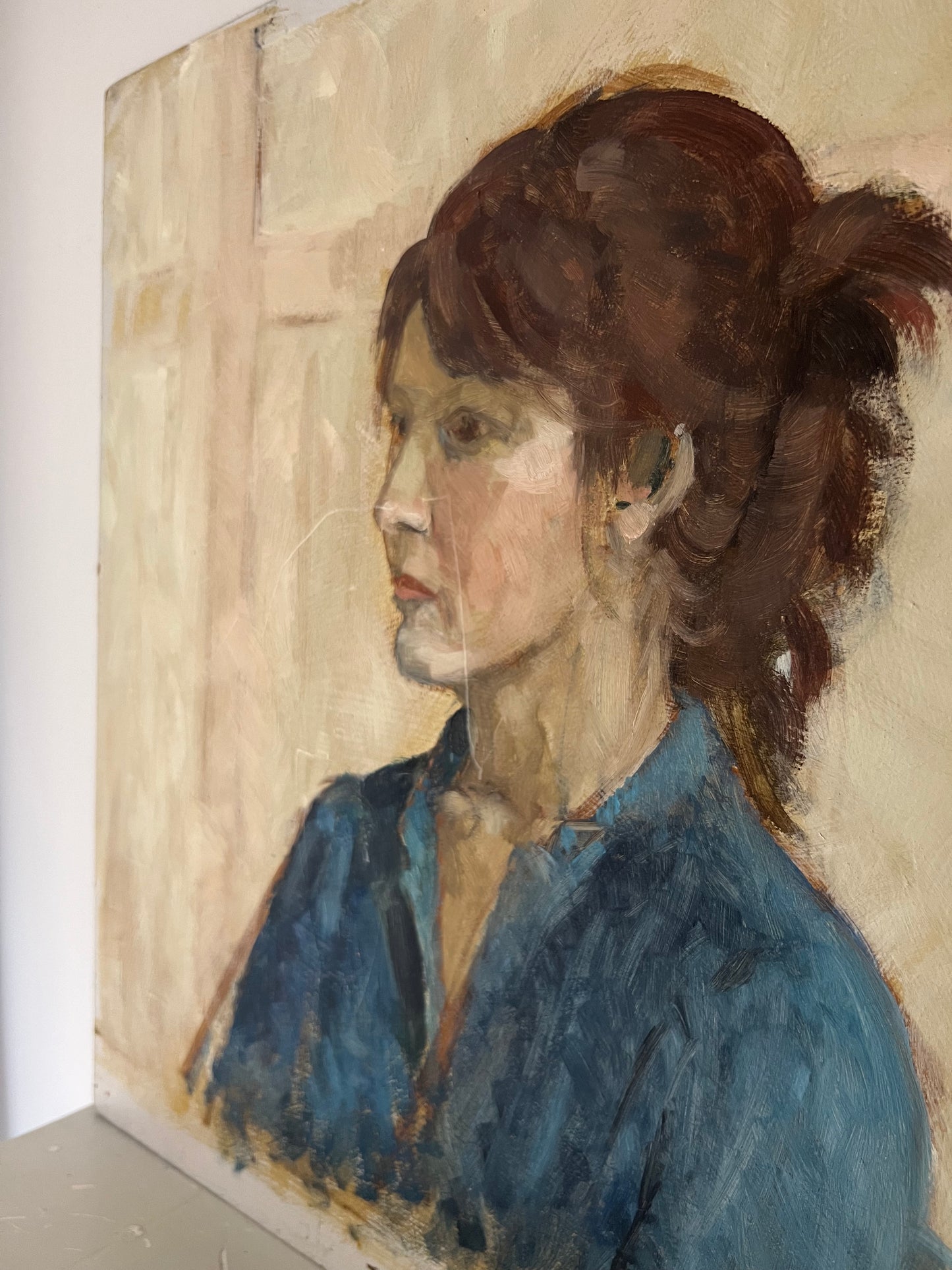 Vintage Mid Century Female Portrait Acrylic On Board